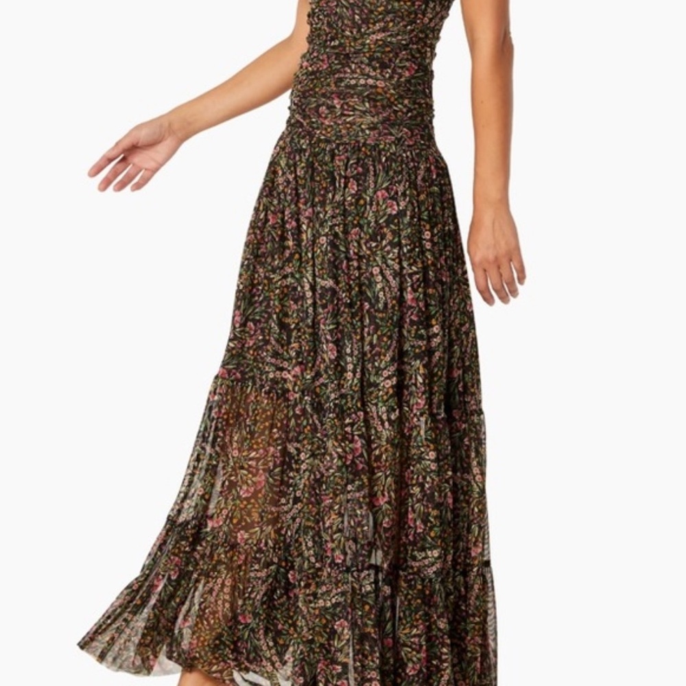 Misa Los Angeles Black and Pink Floral Maxi Dress